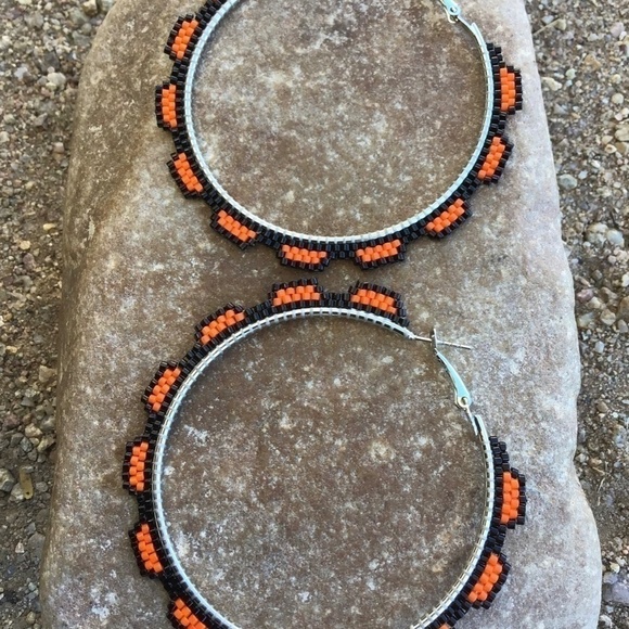Orange Beaded Hoops, New, Handmade by Me - Picture 3 of 9
